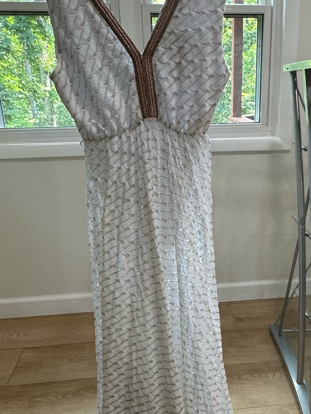 PHO Firenze White Beaded V-Neck Maxi Dress with Bronze Trim